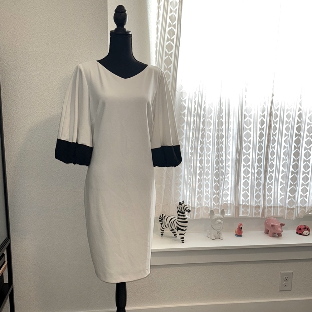 Calvin Klein White Sheath Dress with Bell Sleeves